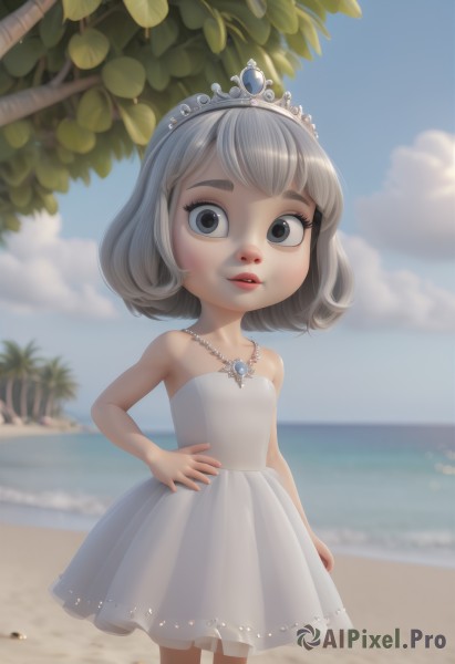 1girl,solo,looking at viewer,short hair,bangs,dress,bare shoulders,jewelry,standing,collarbone,grey hair,cowboy shot,small breasts,outdoors,parted lips,sky,teeth,day,artist name,cloud,medium hair,water,necklace,white dress,blurry,black eyes,flat chest,tree,blue sky,lips,hand on hip,grey eyes,bare arms,eyelashes,strapless,depth of field,blurry background,ocean,leaf,beach,tiara,aged down,child,strapless dress,freckles,arm at side,wide-eyed,sand,palm tree,female child,shell,pearl necklace,blue eyes,white hair,food,fruit,watermark