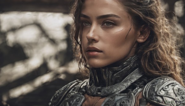 1girl,solo,long hair,looking at viewer,blue eyes,blonde hair,brown hair,upper body,parted lips,armor,blurry,lips,grey eyes,blurry background,wavy hair,shoulder armor,portrait,curly hair,pauldrons,realistic,nose,gorget,depth of field,close-up