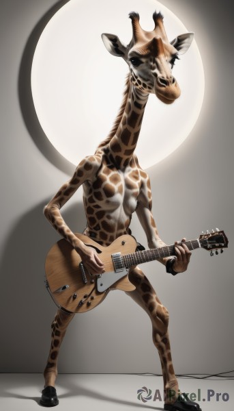 solo,1boy,holding,standing,full body,male focus,shoes,black footwear,no humans,shadow,parody,instrument,furry,music,guitar,furry male,playing instrument,holding instrument,electric guitar,what,looking at viewer,grey background,animal,spotlight,plectrum,dinosaur,deer