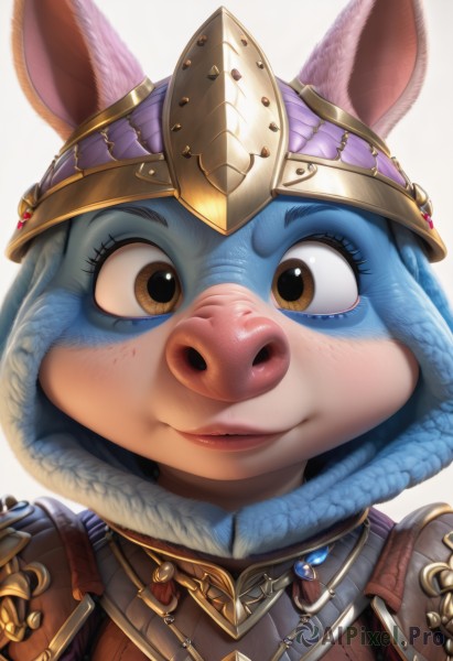 1girl,solo,looking at viewer,blush,smile,simple background,white background,animal ears,brown eyes,jewelry,closed mouth,blue hair,upper body,artist name,signature,armor,rabbit ears,lips,eyelashes,makeup,happy,helmet,shoulder armor,gem,portrait,furry,close-up,pauldrons,breastplate,furry female,straight-on,ears through headwear,animal nose,snout,blue gemstone,hood,necklace,backlighting,freckles,realistic,nose