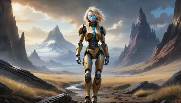 HQ,1girl,solo,looking at viewer,blue eyes,blonde hair,standing,full body,outdoors,sky,cloud,medium hair,glowing,cloudy sky,grass,robot,mecha,glowing eyes,walking,science fiction,mountain,arms at sides,android,joints,robot joints,mountainous horizon,humanoid robot,short hair,day,wind,scenery,sun,landscape,fog,sunrise,cliff