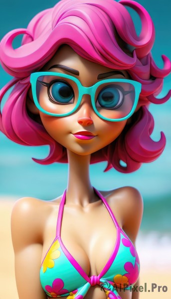 1girl,solo,breasts,looking at viewer,smile,short hair,blue eyes,cleavage,bare shoulders,medium breasts,collarbone,swimsuit,upper body,pink hair,bikini,small breasts,glasses,day,blurry,lips,eyelashes,makeup,ocean,beach,floral print,sunglasses,lipstick,tan,front-tie top,multicolored clothes,blue bikini,eyeshadow,curly hair,blue-framed eyewear,open mouth,outdoors,parted lips,watermark,bikini top only,web address,strap gap,tinted eyewear