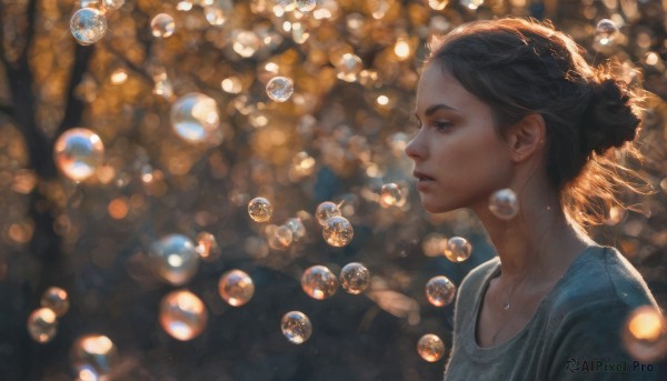 1girl, solo, short hair, brown hair, shirt, black hair, jewelry, upper body, earrings, parted lips, hair bun, blurry, from side, lips, profile, depth of field, blurry background, single hair bun, bubble, realistic, nose, bokeh