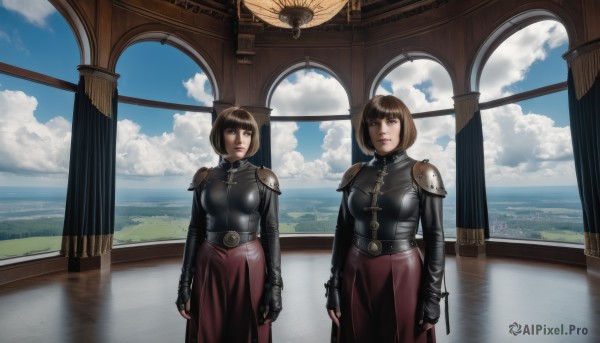 breasts,looking at viewer,short hair,bangs,multiple girls,skirt,brown hair,gloves,long sleeves,2girls,brown eyes,medium breasts,closed mouth,standing,sky,day,black gloves,belt,cloud,indoors,fingerless gloves,armor,blue sky,lips,window,red skirt,bob cut,cloudy sky,curtains,shoulder armor,scenery,reflection,pauldrons,breastplate,mountain,arms at sides,shoulder pads,boobplate,black hair,animal ears,weapon,cat ears,blunt bangs,looking to the side,cross