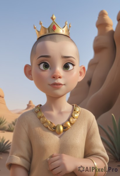 1girl,solo,looking at viewer,1boy,jewelry,green eyes,upper body,male focus,outdoors,parted lips,multiple boys,sky,penis,solo focus,day,necklace,bracelet,blue sky,lips,testicles,crown,child,freckles,male child,bald,desert,smile,short hair,dress,artist name,aged down,very short hair