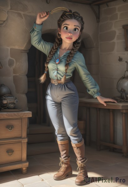 1girl,solo,long hair,breasts,looking at viewer,blush,smile,blue eyes,brown hair,shirt,hair ornament,long sleeves,holding,brown eyes,jewelry,closed mouth,standing,full body,braid,earrings,small breasts,boots,collared shirt,belt,pants,indoors,black eyes,arm up,twin braids,lips,shadow,brown footwear,table,blue shirt,denim,hair over shoulder,freckles,jeans,hair tie,green shirt,blue pants,brown belt,grey pants,drawer,black hair,artist name,arm support,thick eyebrows,buckle,cross-laced footwear,lace-up boots,overalls,wall,brick wall,cabinet,crate