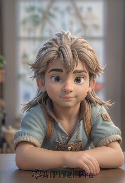 1girl,solo,long hair,looking at viewer,smile,blonde hair,brown hair,shirt,1boy,brown eyes,closed mouth,upper body,short sleeves,male focus,artist name,indoors,blurry,puffy short sleeves,depth of field,blurry background,table,thick eyebrows,blue shirt,child,freckles,realistic,nose,female child,overalls,male child,lips,window