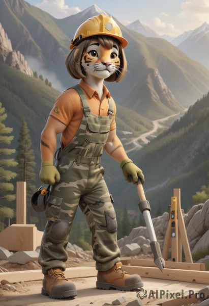 1girl,solo,looking at viewer,smile,short hair,brown hair,shirt,gloves,hat,holding,brown eyes,standing,full body,short sleeves,boots,outdoors,sky,shoes,teeth,day,collared shirt,pants,cloud,uniform,black eyes,tree,brown footwear,helmet,furry,rock,mountain,furry female,overalls,dirty,green gloves,whiskers,mountainous horizon,wrench,shovel,hardhat,bangs,animal ears,artist name,signature,buttons,watermark,sunlight,pocket,whisker markings,facepaint,camouflage,orange shirt