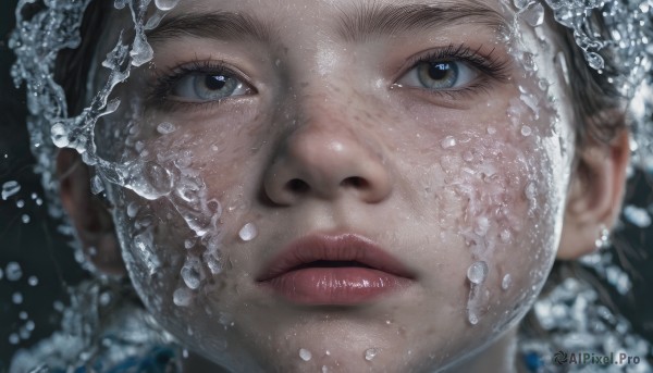 1girl,solo,looking at viewer,brown hair,black hair,brown eyes,parted lips,water,blurry,lips,eyelashes,portrait,close-up,bubble,water drop,realistic,nose,bangs,freckles,reflection,eye focus