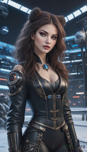 1girl,solo,long hair,breasts,looking at viewer,brown hair,gloves,long sleeves,animal ears,cleavage,brown eyes,jewelry,medium breasts,closed mouth,standing,jacket,cowboy shot,earrings,black gloves,belt,pants,artist name,fingerless gloves,blurry,lips,black jacket,bodysuit,makeup,blurry background,wavy hair,black pants,lipstick,eyeshadow,science fiction,realistic,red lips,leather,lion ears,black hair,necklace,mole,freckles,nose,bear ears