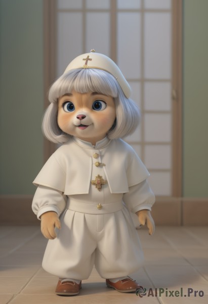 1girl,solo,looking at viewer,blush,smile,short hair,open mouth,bangs,blue eyes,shirt,long sleeves,hat,standing,full body,white shirt,white hair,grey hair,shoes,pants,indoors,blurry,capelet,blurry background,white headwear,brown footwear,child,furry,white pants,furry female,female child,white capelet,sliding doors,humanization,buck teeth,1boy,animal ears,male focus,teeth,robe,furry male