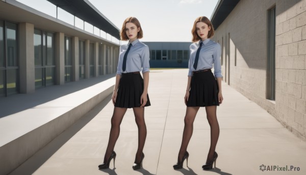 looking at viewer,short hair,multiple girls,skirt,brown hair,shirt,2girls,brown eyes,closed mouth,school uniform,standing,full body,white shirt,pantyhose,pleated skirt,outdoors,necktie,collared shirt,belt,black skirt,medium hair,black footwear,high heels,window,black necktie,sleeves rolled up,arms at sides,shirt tucked in,1girl,breasts,smile,bangs,long sleeves,medium breasts,small breasts,parted lips,shoes,day,miniskirt,lips,parted bangs,dress shirt,makeup,multiple views,shadow,wing collar,lipstick,building,forehead,black belt,brown pantyhose,red lips