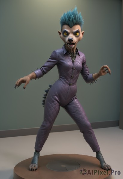 1girl,solo,looking at viewer,open mouth,jewelry,blue hair,standing,tail,full body,yellow eyes,teeth,pointy ears,necklace,fingernails,fangs,sharp teeth,spiked hair,monster girl,slit pupils,claws,personification,colored sclera,legs apart,toenails,black sclera,fewer digits,short hair,shirt,1boy,animal ears,male focus,green hair,sharp fingernails,purple shirt,horror (theme),werewolf