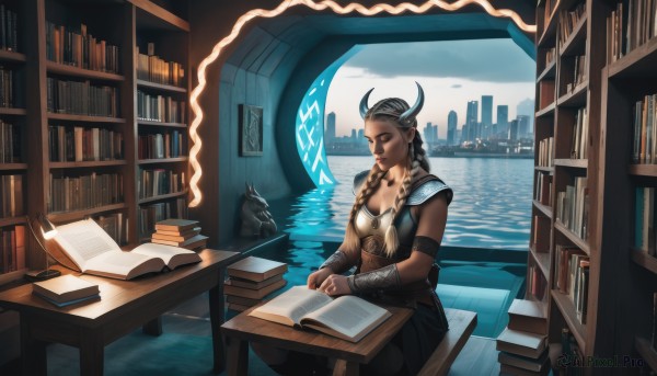 1girl,solo,long hair,breasts,brown hair,black hair,cleavage,jewelry,medium breasts,sitting,closed eyes,braid,horns,sky,indoors,water,armor,twin braids,lips,book,window,bird,ocean,animal,chair,table,scenery,city,open book,fantasy,bookshelf,vambraces,fake horns,bracer,book stack,library,necklace,tattoo,ring,feathers,armband,armlet,realistic,reading