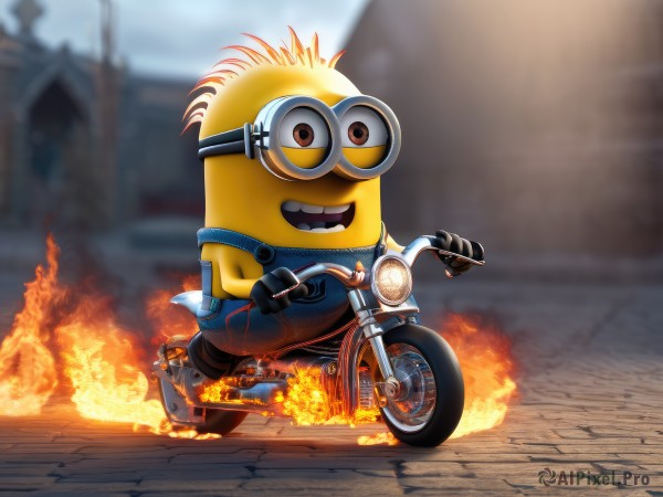 solo,looking at viewer,smile,open mouth,gloves,1boy,brown eyes,male focus,outdoors,teeth,blurry,blurry background,fire,goggles,ground vehicle,motor vehicle,overalls,riding,motorcycle,blue overalls,no humans,fiery hair