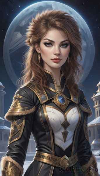 1girl,solo,long hair,breasts,looking at viewer,brown hair,gloves,long sleeves,brown eyes,jewelry,medium breasts,upper body,earrings,parted lips,sky,belt,artist name,armor,lips,coat,grey eyes,fur trim,makeup,night,wavy hair,moon,lipstick,gem,star (sky),night sky,starry sky,red lips,space,planet,earth (planet),realistic,nose