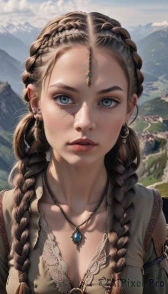 1girl,solo,long hair,breasts,looking at viewer,blue eyes,brown hair,cleavage,jewelry,medium breasts,collarbone,upper body,braid,earrings,outdoors,parted lips,teeth,day,necklace,blurry,twin braids,lips,grey eyes,eyelashes,blurry background,gem,hair over shoulder,forehead,pendant,freckles,mountain,realistic,nose,mountainous horizon,multiple braids,hair ornament,piercing,sunlight,o-ring