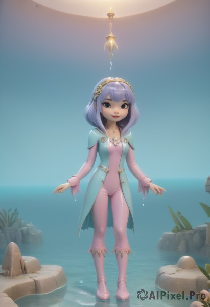 1girl,solo,long hair,breasts,looking at viewer,smile,short hair,bangs,blue eyes,hair ornament,long sleeves,closed mouth,standing,collarbone,full body,purple hair,hairband,small breasts,boots,outdoors,medium hair,water,black eyes,wet,see-through,bodysuit,skin tight,rock,pink footwear,pink bodysuit,lips,ocean,moon,light purple hair,wading