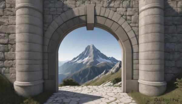 outdoors,sky,day,blue sky,no humans,grass,scenery,mountain,wall,pillar,landscape,path,arch,column,cloud,tree,plant,bush,ruins,stone wall