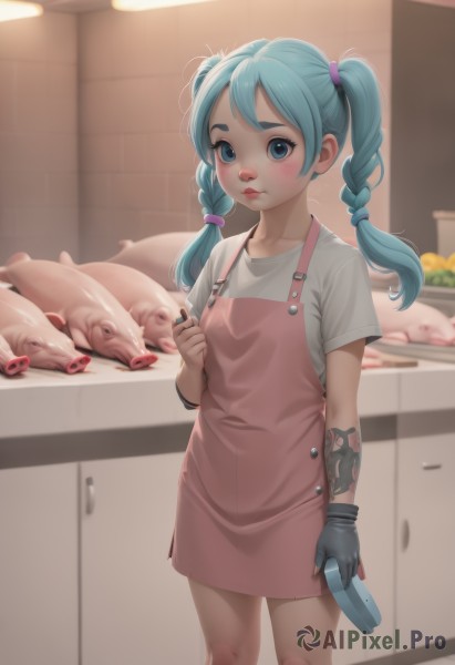 1girl,solo,long hair,breasts,looking at viewer,blush,blue eyes,shirt,gloves,holding,twintails,closed mouth,blue hair,standing,collarbone,white shirt,braid,short sleeves,cowboy shot,small breasts,food,black gloves,artist name,indoors,blurry,apron,twin braids,lips,aqua hair,tattoo,fruit,blurry background,knife,t-shirt,bandaid,single glove,freckles,hair tie,holding knife,kitchen,pink apron,bangs,aqua eyes,loli,depth of field,expressionless,aged down,pig