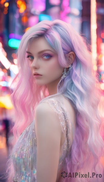 1girl,solo,long hair,looking at viewer,blue eyes,dress,bare shoulders,jewelry,closed mouth,upper body,pink hair,multicolored hair,earrings,sleeveless,blurry,from side,two-tone hair,lips,see-through,looking to the side,eyelashes,makeup,depth of field,blurry background,wavy hair,eyeshadow,realistic,nose,bokeh,breasts,bangs,white hair,artist name,gradient hair,expressionless,gem,pink lips,mascara