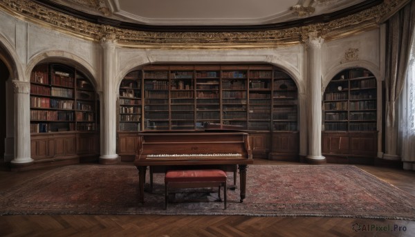 day,indoors,book,no humans,window,chair,table,sunlight,curtains,instrument,scenery,wooden floor,stairs,bookshelf,shelf,library,piano,carpet,rug,reflective floor,music,candle,pillar,candlestand,chandelier,fireplace,voile,grand piano