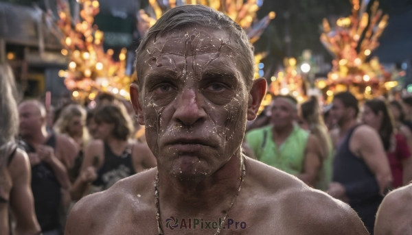 looking at viewer,short hair,multiple girls,1boy,dress,bare shoulders,jewelry,closed mouth,upper body,grey hair,male focus,outdoors,multiple boys,solo focus,necklace,blurry,black eyes,night,depth of field,blurry background,6+boys,realistic,old,fireworks,old man,crowd,people,earrings,grey eyes,facial hair,portrait