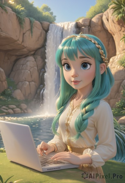 1girl,solo,long hair,breasts,looking at viewer,smile,bangs,blue eyes,skirt,shirt,long sleeves,jewelry,sitting,closed mouth,blue hair,white shirt,upper body,braid,hairband,small breasts,outdoors,green hair,sky,day,belt,artist name,signature,water,twin braids,aqua eyes,tree,blue sky,lips,fingernails,eyelashes,aqua hair,watermark,grass,plant,nature,hair over shoulder,web address,freckles,brown skirt,rock,nose,brown belt,computer,river,laptop,waterfall,dress,white dress,thick eyebrows