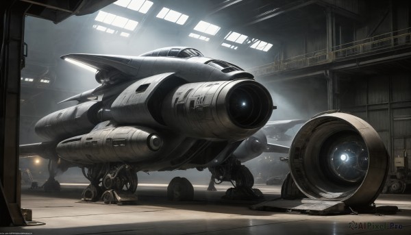 HQ,indoors,signature,military,no humans,window,robot,mecha,machinery,science fiction,realistic,aircraft,military vehicle,vehicle focus,spacecraft,lights,non-humanoid robot,cockpit,dated