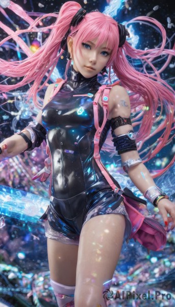 1girl,solo,long hair,breasts,looking at viewer,bangs,blue eyes,thighhighs,hair between eyes,bare shoulders,twintails,jewelry,medium breasts,standing,pink hair,cowboy shot,earrings,small breasts,shorts,sleeveless,shiny,bag,nail polish,blurry,bracelet,white thighhighs,lips,shiny skin,short shorts,bodysuit,covered navel,tattoo,floating hair,single thighhigh,armband,bandaid,skin tight,armlet,science fiction,shiny clothes,realistic,arm tattoo,barcode tattoo,hair ornament,very long hair,closed mouth,thighs,belt,artist name,signature,makeup,depth of field,blurry background,turtleneck,watermark,expressionless,ring,red nails,pink nails,handbag,nose,cyberpunk,neon lights