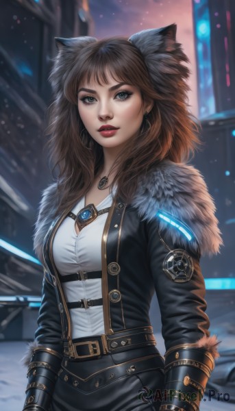 1girl,solo,long hair,breasts,looking at viewer,bangs,skirt,brown hair,shirt,gloves,long sleeves,animal ears,cleavage,jewelry,medium breasts,standing,jacket,white shirt,cowboy shot,earrings,outdoors,parted lips,open clothes,belt,pants,artist name,cat ears,necklace,mole,blurry,open jacket,lips,black jacket,grey eyes,fur trim,makeup,blurry background,black pants,lipstick,buckle,pendant,belt buckle,nose,red lips,leather,leather jacket,blue eyes,green eyes,night,wolf ears,city,realistic,neon lights