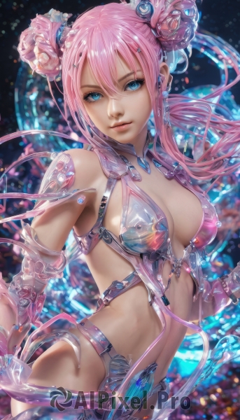 1girl,solo,long hair,breasts,looking at viewer,bangs,blue eyes,hair ornament,navel,cleavage,hair between eyes,bare shoulders,twintails,medium breasts,pink hair,sidelocks,parted lips,shiny,hair bun,blurry,lips,see-through,double bun,revealing clothes,science fiction,realistic,bikini armor,jewelry,flower,hair flower,watermark,cable