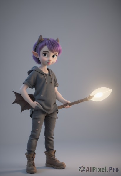 1girl,solo,looking at viewer,smile,short hair,simple background,holding,animal ears,standing,full body,purple hair,short sleeves,boots,wings,horns,pointy ears,pants,hood,grey background,black eyes,hoodie,brown footwear,demon girl,hood down,bat wings,demon wings,hand in pocket,1boy,white background,jewelry,tail,male focus,earrings,lips,torn clothes,staff,child,low wings