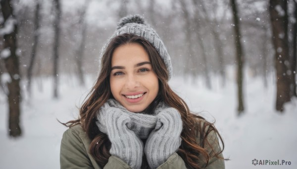 1girl,solo,long hair,looking at viewer,smile,blue eyes,brown hair,gloves,hat,upper body,outdoors,teeth,scarf,grin,blurry,tree,lips,coat,blurry background,nature,snow,forest,snowing,realistic,beanie,white scarf,winter clothes,mittens,winter,bangs,long sleeves,brown eyes,day,white gloves,depth of field,half-closed eyes,own hands together,portrait,freckles,bare tree