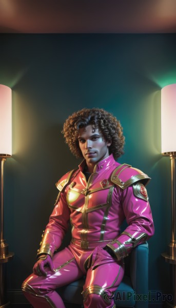 solo,looking at viewer,brown hair,black hair,gloves,1boy,brown eyes,sitting,male focus,dark skin,lips,bodysuit,colored skin,chair,curly hair,realistic,nose,pilot suit,afro,jacket,uniform,military,military uniform,parody,hand in pocket,lamp,pink bodysuit