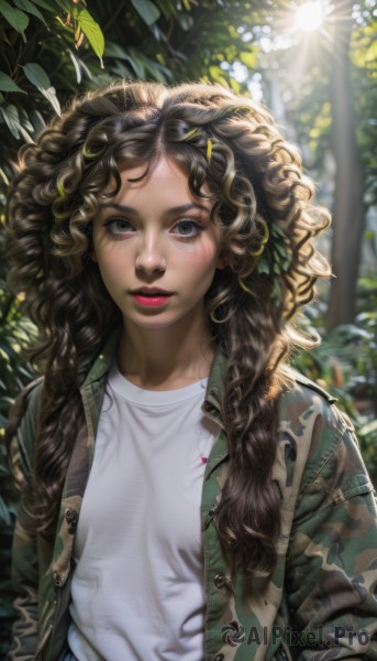 1girl,solo,long hair,breasts,looking at viewer,smile,brown hair,shirt,black hair,brown eyes,green eyes,jacket,white shirt,upper body,small breasts,outdoors,parted lips,open clothes,day,dark skin,blurry,open jacket,dark-skinned female,tree,lips,eyelashes,makeup,blurry background,leaf,watermark,wavy hair,sunlight,denim,lipstick,messy hair,freckles,curly hair,jeans,realistic,nose,hands in pockets,red lips,camouflage,hair ornament,jewelry,teeth,hairclip,artist name,plant,web address,print shirt