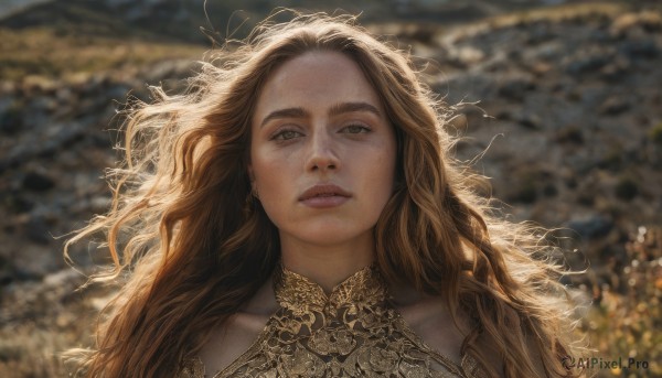 1girl,solo,long hair,looking at viewer,blonde hair,brown hair,jewelry,earrings,parted lips,blurry,lips,grey eyes,depth of field,blurry background,wavy hair,messy hair,portrait,freckles,realistic,dress,bare shoulders,brown eyes,green eyes,upper body,outdoors,teeth,day,floating hair,sunlight,thick eyebrows,looking up,wind