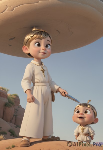 1girl,smile,short hair,open mouth,brown hair,long sleeves,1boy,dress,holding,brown eyes,closed mouth,standing,full body,weapon,outdoors,multiple boys,sky,day,2boys,blue sky,siblings,sandals,knife,child,holding knife,male child,hat,jewelry,male focus,earrings,teeth,necklace,lips,brown footwear,looking up,robe,nose,stud earrings,tunic,white robe