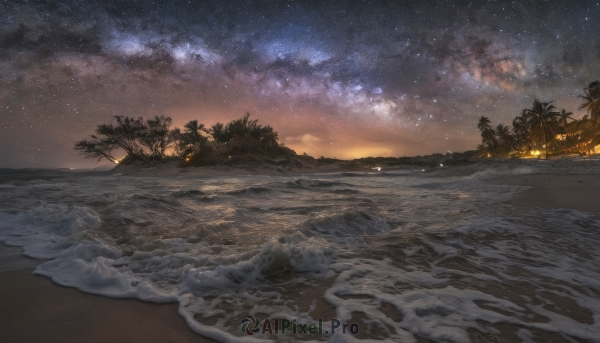 outdoors,sky,cloud,water,tree,no humans,night,ocean,beach,star (sky),nature,night sky,scenery,starry sky,sunset,sand,palm tree,horizon,waves,shore,fire,milky way