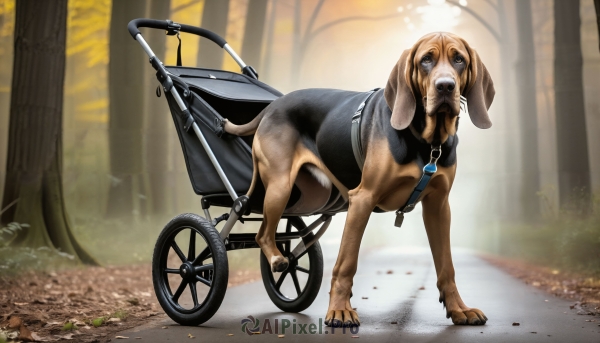 HQ,solo,open mouth,outdoors,signature,tree,no humans,blood,animal,nature,forest,dog,realistic,road,animal focus,dog tags,whistle,what,wheelchair,looking at viewer,day,tongue,blurry,collar,leaf,ground vehicle,spiked collar,animal collar,bicycle