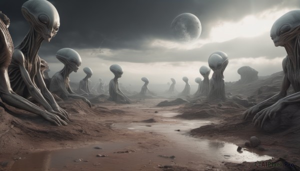 sitting,outdoors,sky,cloud,no humans,moon,cloudy sky,scenery,science fiction,monster,rock,multiple others,alien,6+others,tentacles,realistic,sand