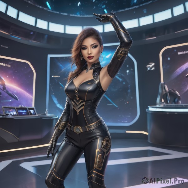 1girl,solo,long hair,breasts,looking at viewer,blue eyes,large breasts,brown hair,gloves,cleavage,jewelry,medium breasts,standing,earrings,parted lips,elbow gloves,belt,pants,armpits,arm up,lips,clothing cutout,bodysuit,makeup,black pants,lipstick,eyeshadow,science fiction,contrapposto,hoop earrings,realistic,red lips,space,mechanical arms,planet,single mechanical arm,spacecraft,smile,brown eyes,artist name,dark skin,dark-skinned female,watermark,black bodysuit