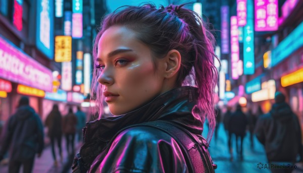 1girl, long hair, looking at viewer, blue eyes, jacket, upper body, ponytail, pink hair, multicolored hair, outdoors, parted lips, solo focus, mole, blurry, lips, night, blurry background, city, realistic, nose, cyberpunk, neon lights