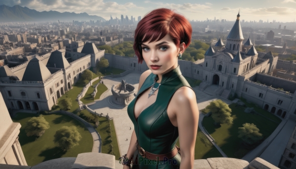 1girl,solo,breasts,looking at viewer,short hair,blue eyes,brown hair,dress,cleavage,bare shoulders,jewelry,medium breasts,closed mouth,upper body,red hair,earrings,outdoors,sky,sleeveless,belt,cloud,necklace,tree,lips,clothing cutout,makeup,cleavage cutout,lipstick,building,scenery,green dress,mountain,city,cityscape,river,landscape,smile,bangs,day,water,bracelet,sleeveless dress,ocean,from above,freckles,red lips,watercraft,bridge,castle,boat