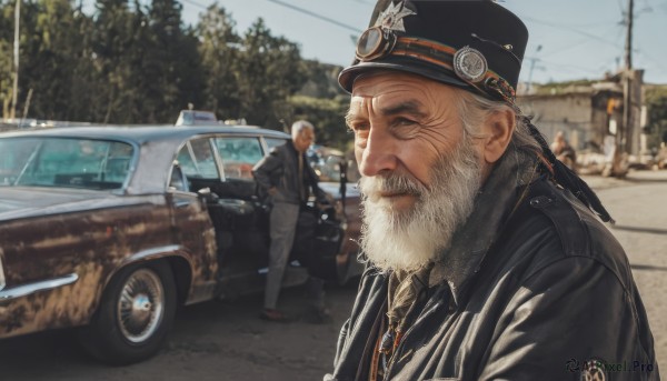 shirt,hat,jewelry,closed mouth,standing,jacket,white hair,male focus,outdoors,multiple boys,necktie,day,collared shirt,pants,2boys,necklace,blurry,uniform,tree,black jacket,black shirt,black headwear,blurry background,facial hair,scar,ground vehicle,motor vehicle,beard,scar on face,realistic,mustache,car,bald,grey pants,old,vehicle focus,police,old man,police uniform,photo background,police hat,smile,long sleeves,1boy,closed eyes,upper body,sky,solo focus,signature,from side,blue sky,depth of field,bird,animal,formal,suit,walking,hands in pockets,road,manly,leather,power lines,animal on shoulder,leather jacket,wrinkled skin