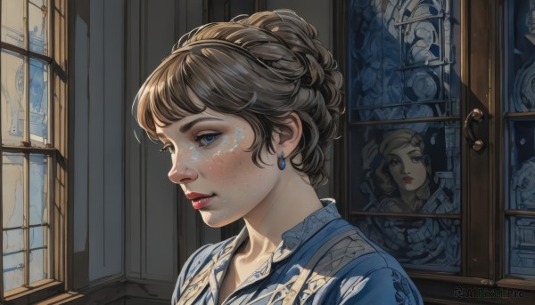 1girl,solo,short hair,bangs,blue eyes,multiple girls,brown hair,jewelry,closed mouth,braid,earrings,parted lips,solo focus,indoors,hair bun,lips,eyelashes,window,profile,makeup,single hair bun,lipstick,portrait,freckles,reflection,nose,red lips,peeking,updo,looking at viewer,realistic,statue,portrait (object)