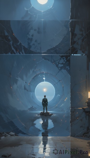 solo,short hair,1boy,standing,weapon,male focus,outdoors,sky,cloud,water,from behind,night,moon,scenery,1other,full moon,reflection,science fiction,ruins,wide shot,ambiguous gender,spacesuit,pants,indoors,facing away,light,space,planet,crack,reflective floor,astronaut