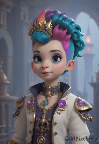 1girl,solo,looking at viewer,blush,smile,short hair,blue eyes,hair ornament,long sleeves,jewelry,closed mouth,blue hair,collarbone,jacket,upper body,pink hair,purple hair,multicolored hair,earrings,parted lips,open clothes,choker,artist name,signature,necklace,armor,blurry,collar,two-tone hair,open jacket,lips,eyelashes,makeup,blurry background,piercing,white jacket,crown,lipstick,brooch,gem,eyeshadow,freckles,pink lips,red lips,eyeliner,very short hair,mascara,open mouth,bangs,green hair,teeth,alternate costume,puffy sleeves,tiara,web address