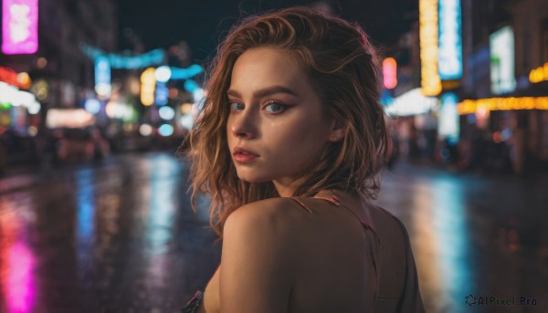 1girl, solo, looking at viewer, short hair, blue eyes, brown hair, bare shoulders, upper body, parted lips, looking back, blurry, lips, night, blurry background, piercing, freckles, city, realistic