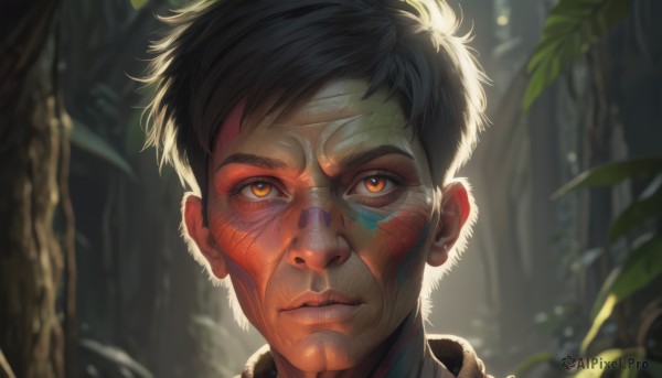 solo,looking at viewer,short hair,black hair,1boy,brown eyes,closed mouth,male focus,outdoors,dark skin,blurry,tree,lips,orange eyes,blurry background,facial mark,dark-skinned male,portrait,nature,forest,realistic,facepaint,leaf,sunlight,plant,close-up,nose,dappled sunlight